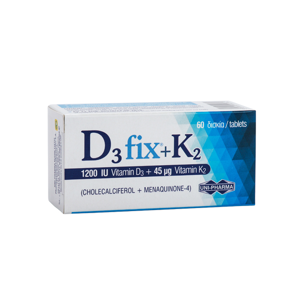 Uni-Pharma D3 Fix 1200IU + K2 45μg Συμπλήρωμα Διατροφής για την Υγεία των Οστών & των Δοντιών 60 δισκία Uni-Pharma D3 Fix 1200IU + K2 45μg Συμπλήρωμα Διατροφής για την Υγεία των Οστών & των Δοντιών 60 δισκία