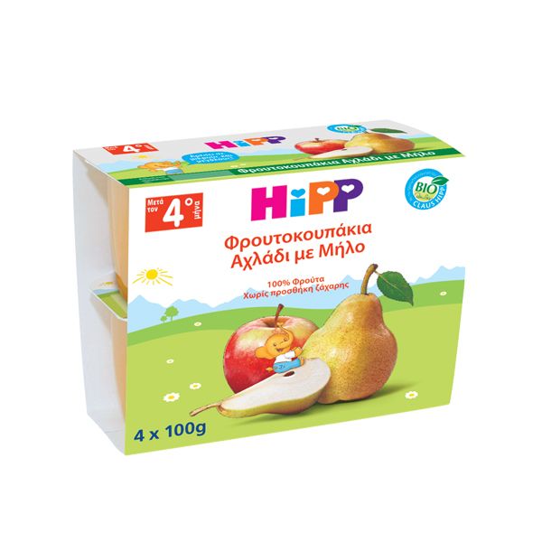 Hipp Φρουτοκουπάκια Φρουτόκρεμα Αχλάδι Με Μήλο 100gr 4τμχ 4Μ+