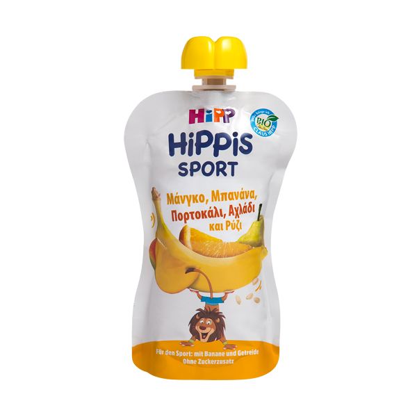 Hipp Hippis Sport Βιολογικό Παρασκεύασμα Φρούτων Με Μάνγκο, Μπανάνα, Πορτοκάλι, Αχλάδι & Ρυζάλευρο 12m+ 120g