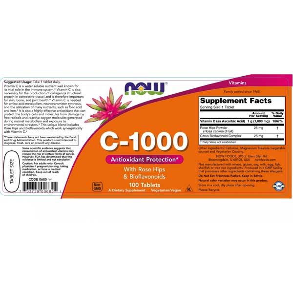 Now Foods C-1000 Βιταμίνη C με Βιοφλαβονοειδή Βραδείας Αποδέσμευσης 100 ταμπλέτες