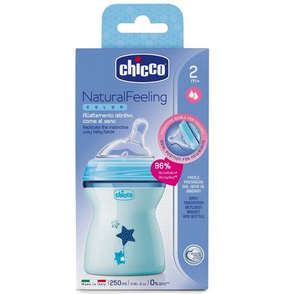 Chicco Natural Feeling Πλαστικό Μπιμπερό με Θηλή Σιλικόνης Μέτριας Ροής Σιέλ 2m+ 250ml 1τμχ