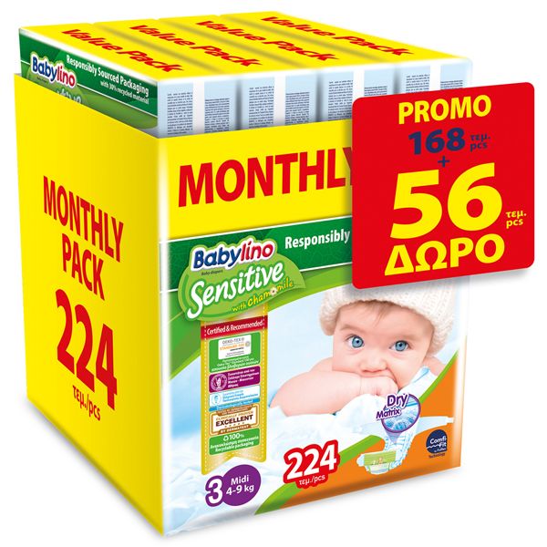 Babylino Sensitive Midi Monthly Pack No3 4-9kg 168 + 56 τμχ Δώρο