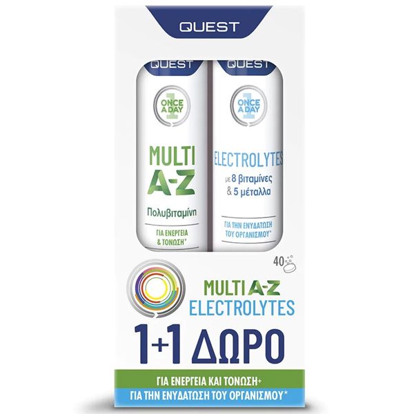 Quest Συμπλήρωμα Διατροφής Multi A-Z Πολυβιταμίνη 20 αναβράζοντα δισκία και Electrolytes 20 αναβράζοντα δισκία 1+1