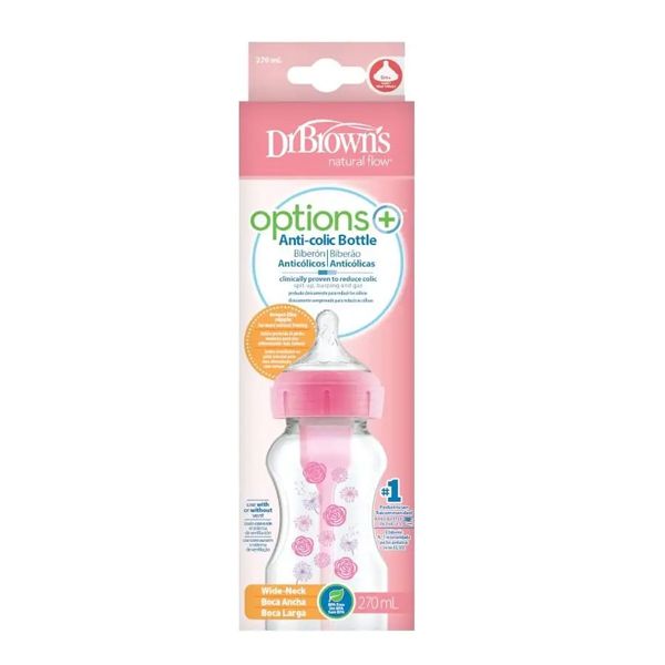 Dr. Brown's Options+ Anti-Colic Πλαστικό Μπιμπερό με Φαρδύ Λαιμό 0m+ Ροζ 270ml 1 τμχ