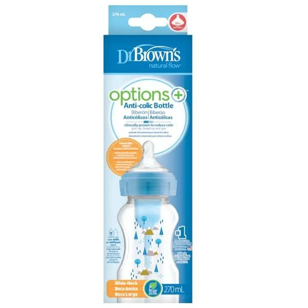 Dr. Brown's Options+ Anti-Colic Πλαστικό Μπιμπερό με Φαρδύ Λαιμό 0m+ Σιελ 270ml 1 τμχ