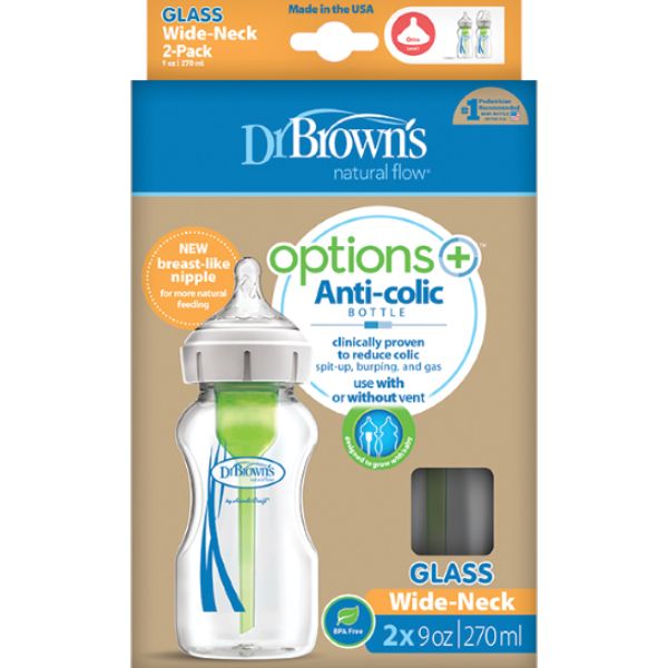 Dr. Brown's Options+ Anti-Colic (WB92700) Γυάλινο Μπιμπερό με Φαρδύ Λαιμό 0m+ 2x270 ml