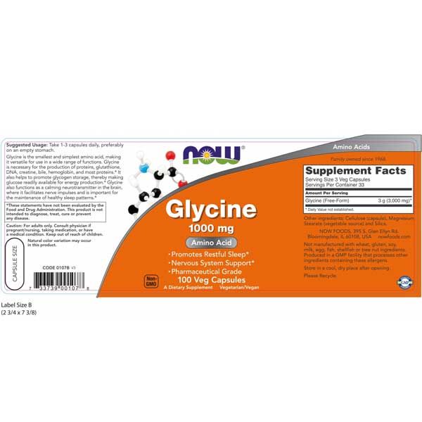 Now Glycine 1000mg 100 Veg Capsules