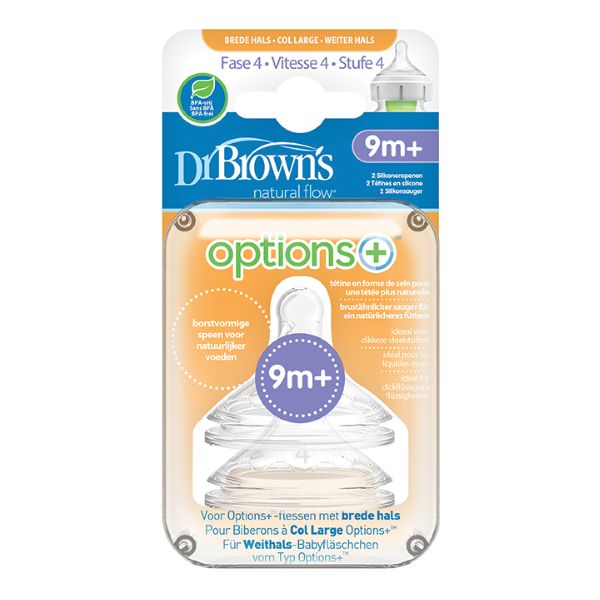 Dr. Brown's Options+ Θηλές Σιλικόνης για Μπιμπερό με Φαρδύ Λαιμό WN4201 Επίπεδο 4 9m+ 2 τμχ