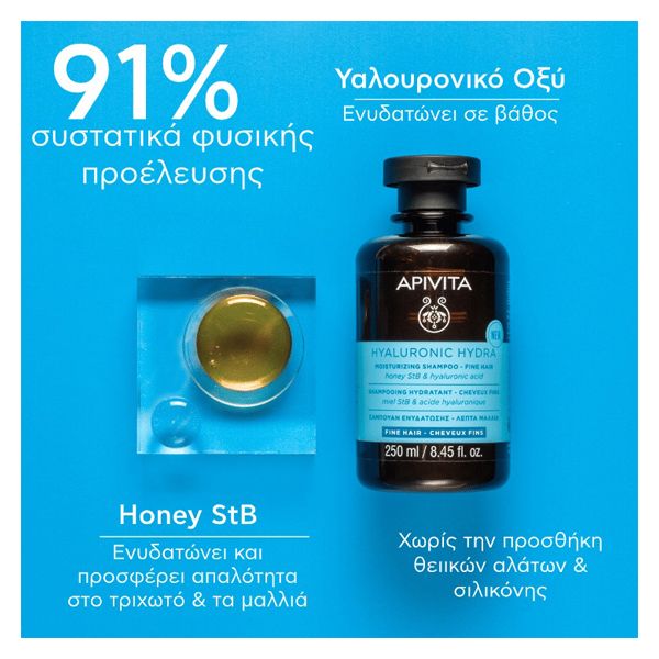 Apivita Hyaluronic Hydra Ενυδατικό Σαμπουάν για Λεπτά Μαλλιά 75 ml Travel size