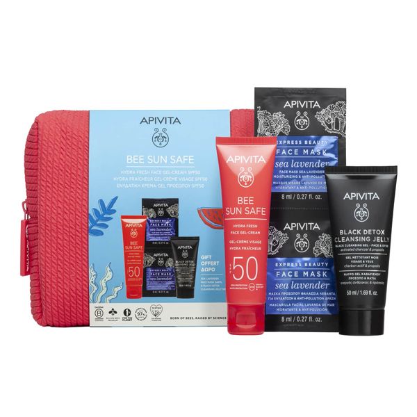 Apivita Bee Sun Safe Set με Αντηλιακή Ενυδατική Κρέμα Τζελ Προσώπου Spf50 50 ml και Δώρο Μάσκα Προσώπου 2 x 8 ml και Black Detox Cleansing Gel 50 ml