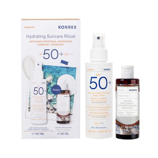 Korres Set με Yoghurt Αντηλιακό Γαλάκτωμα Σπρέι Σώματος, Προσώπου Spf50+ 150 ml και Δώρο Yoghurt Αφρόλουτρο 80 ml