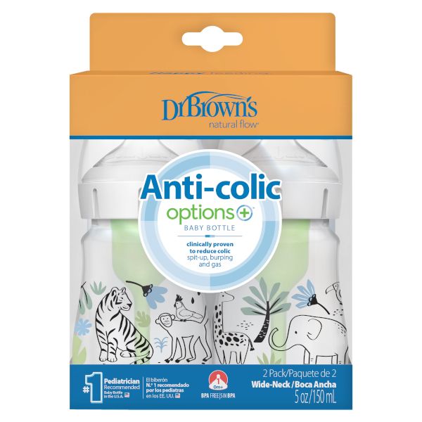 Dr. Brown's Options+ Anti-Colic Πλαστικό Μπιμπερό με Φαρδύ Λαιμό Jungle 0m+ 2x150 ml